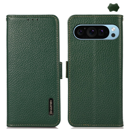 For Google Pixel 9 KHAZNEH Side-Magnetic Litchi Genuine Leather RFID Phone Case(Green) - Google Cases by buy2fix | Online Shopping UK | buy2fix