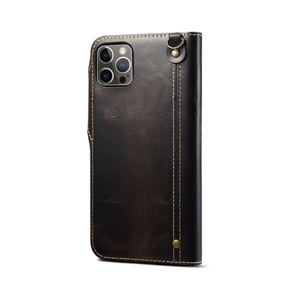 For iPhone 15 Pro Max Denior Oil Wax Cowhide Magnetic Button Genuine Leather Case(Black) - iPhone 15 Pro Max Cases by Denior | Online Shopping UK | buy2fix