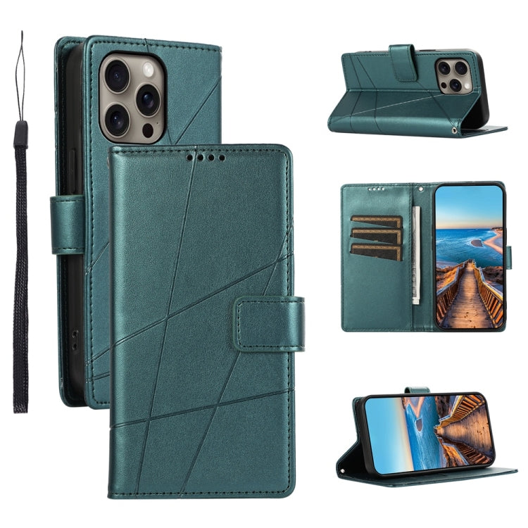 For iPhone 16 Pro Max PU Genuine Leather Texture Embossed Line Phone Case(Green) - iPhone 16 Pro Max Cases by buy2fix | Online Shopping UK | buy2fix