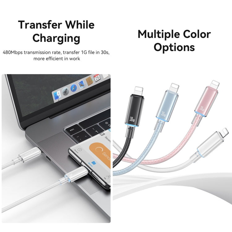 USAMS Type-C To 8 Pin Aluminum Alloy Clear LED 30W PD Fast Charge Data Cable, Length:1.2m(White) - 2 in 1 Cable by USAMS | Online Shopping UK | buy2fix