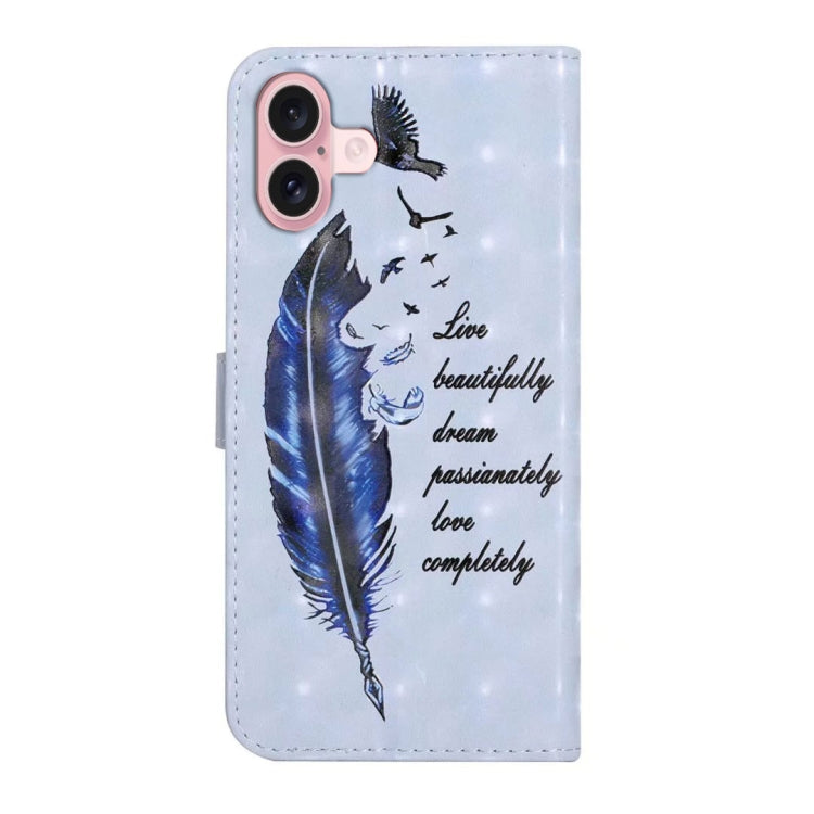 For iPhone 16 Oil Embossed 3D Drawing Leather Phone Case(Blue Feather) - iPhone 16 Cases by buy2fix | Online Shopping UK | buy2fix