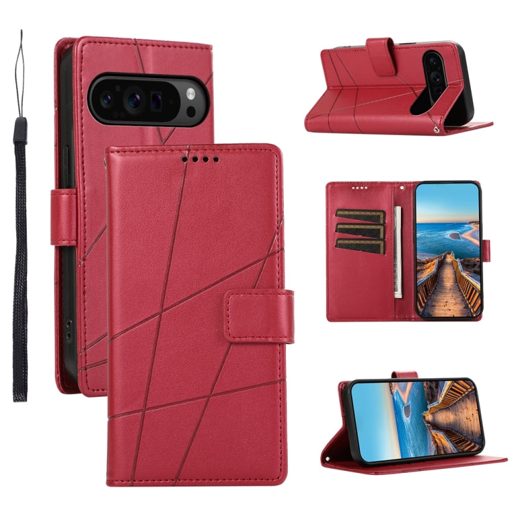 For Google Pixel 9 Pro PU Genuine Leather Texture Embossed Line Phone Case(Red) - Google Cases by buy2fix | Online Shopping UK | buy2fix