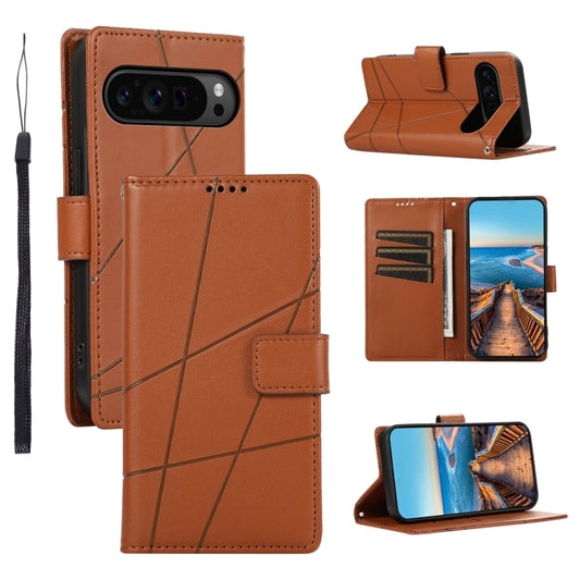 For Google Pixel 9 Pro PU Genuine Leather Texture Embossed Line Phone Case(Brown) - Google Cases by buy2fix | Online Shopping UK | buy2fix