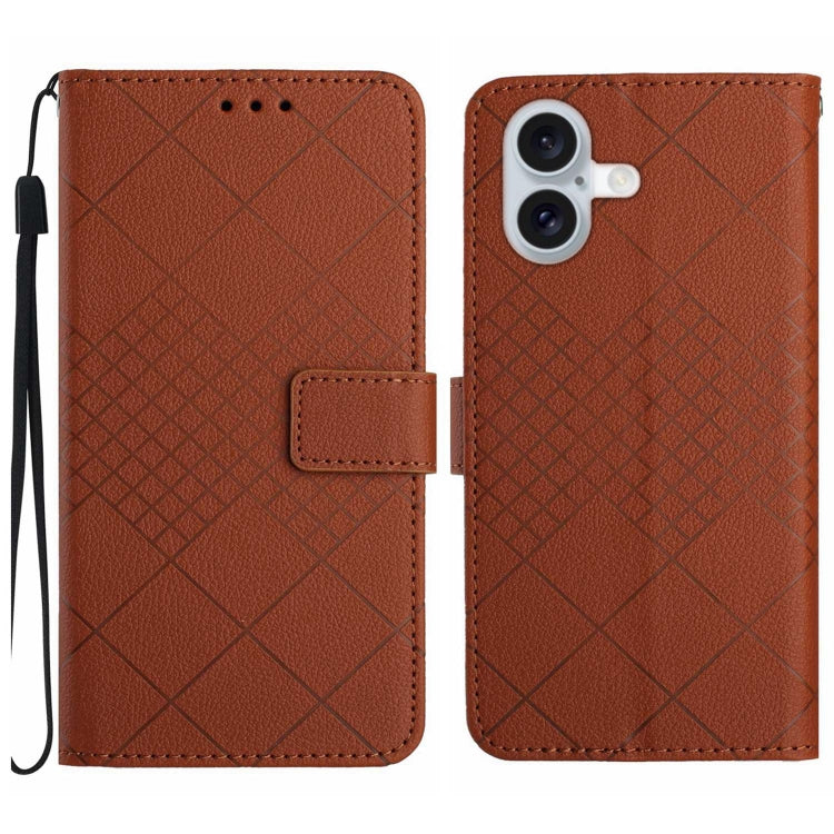 For iPhone 16 Rhombic Grid Texture Leather Phone Case(Brown) - iPhone 16 Cases by buy2fix | Online Shopping UK | buy2fix