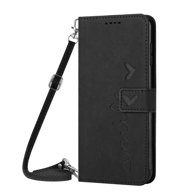 For Motorola Moto G Play 2024 Skin Feel Heart Embossed Leather Phone Case with Long Lanyard(Black) - Motorola Cases by buy2fix | Online Shopping UK | buy2fix