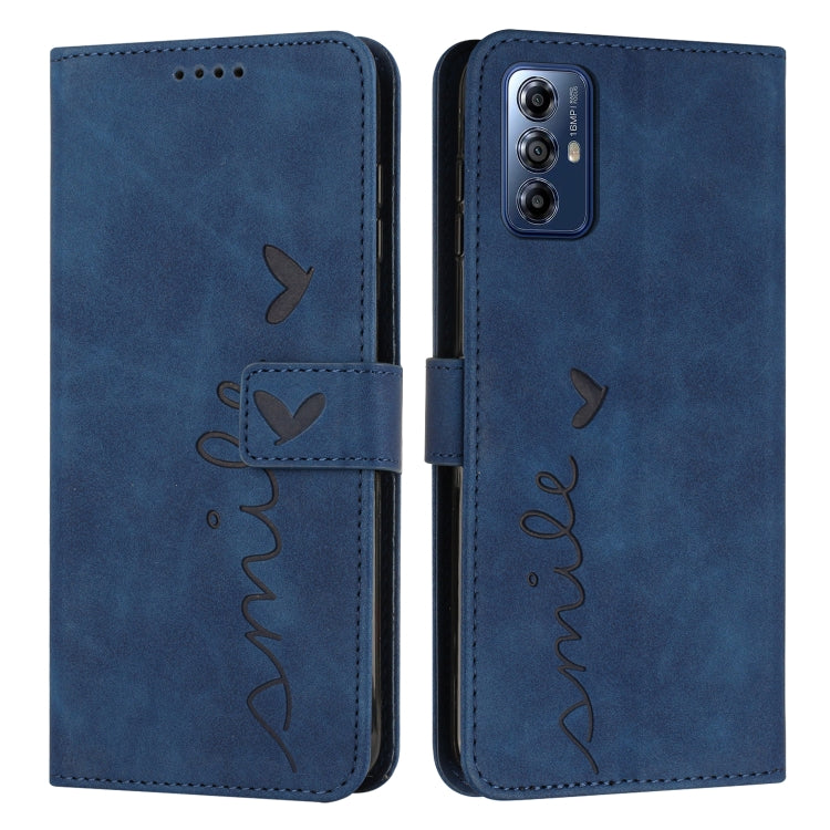 For Motorola Moto G Play 2024 Skin Feel Heart Embossed Leather Phone Case with Long Lanyard(Blue) - Motorola Cases by buy2fix | Online Shopping UK | buy2fix