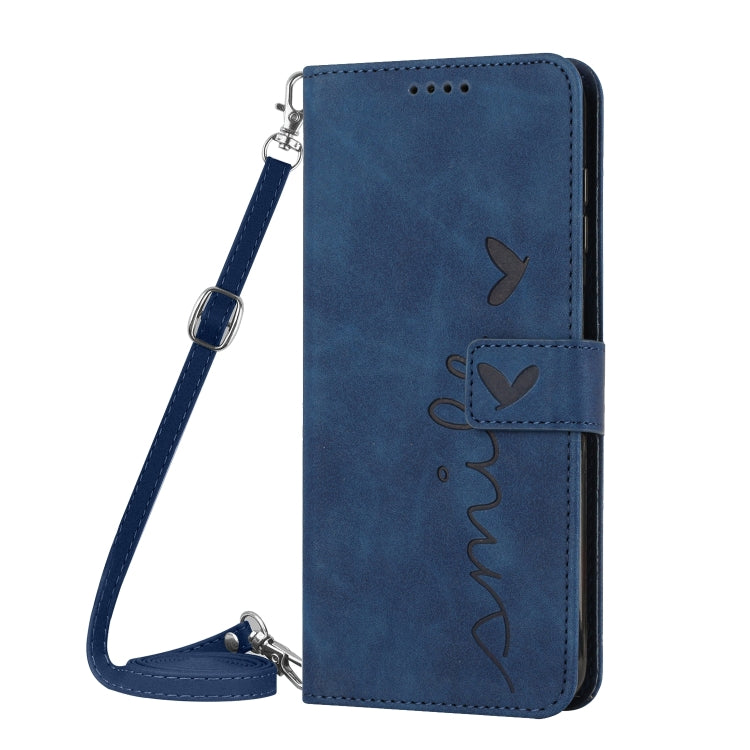 For Motorola Moto G Play 2024 Skin Feel Heart Embossed Leather Phone Case with Long Lanyard(Blue) - Motorola Cases by buy2fix | Online Shopping UK | buy2fix