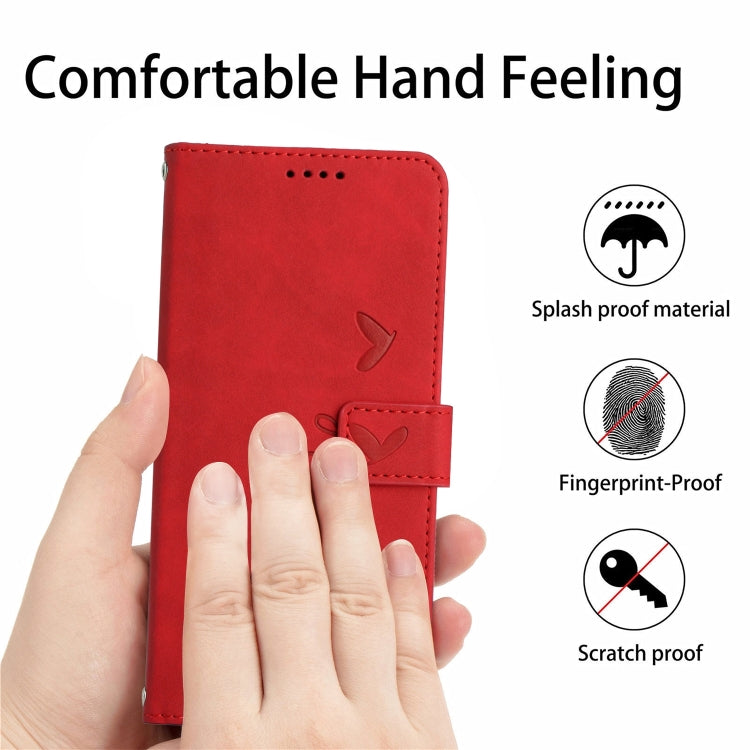 For Motorola Moto G Play 2024 Skin Feel Heart Embossed Leather Phone Case with Long Lanyard(Red) - Motorola Cases by buy2fix | Online Shopping UK | buy2fix