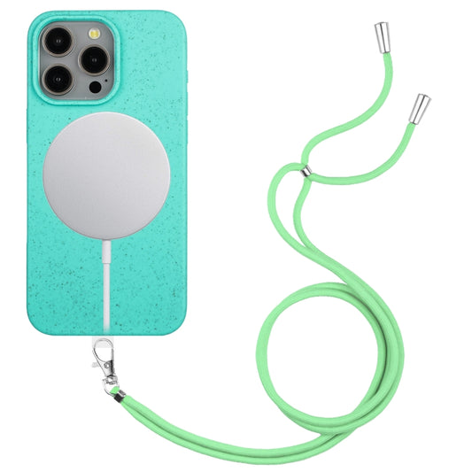 For iPhone 11 Pro Max Wheat MagSafe Magnetic Straw Material + TPU Phone Case with Lanyard(Green) - iPhone 11 Pro Max Cases by buy2fix | Online Shopping UK | buy2fix