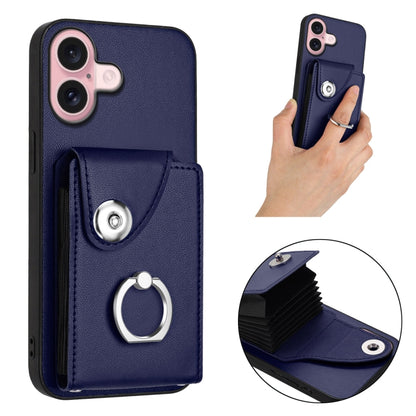 For iPhone 16 Organ Card Bag Ring Holder Phone Case(Blue) - iPhone 16 Cases by buy2fix | Online Shopping UK | buy2fix