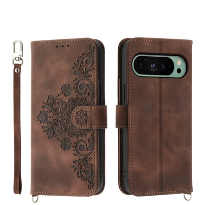 For Google Pixel 9 Skin-feel Flowers Embossed Wallet Leather Phone Case(Brown) - Google Cases by buy2fix | Online Shopping UK | buy2fix