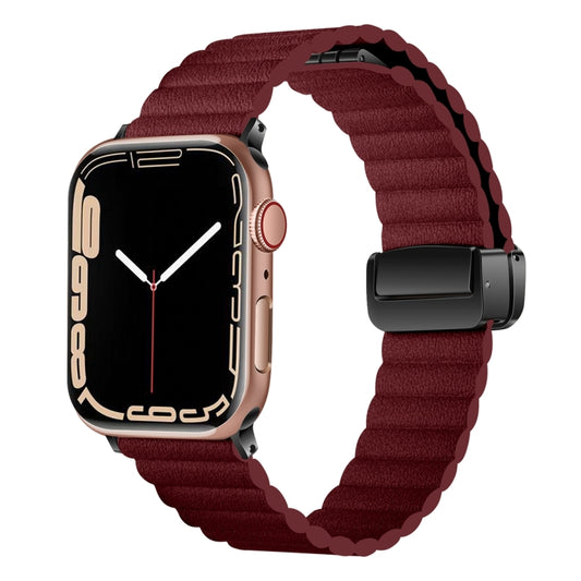 For Apple Watch SE 2023 44mm Water Ripple Magnetic Folding Buckle Watch Band, Style: Bold Version(Wine Red) - Watch Bands by buy2fix | Online Shopping UK | buy2fix