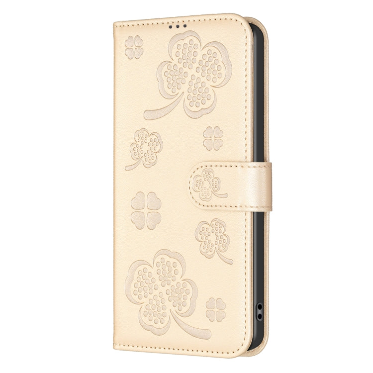 For iPhone 16 Pro Max Four-leaf Embossed Leather Phone Case(Gold) - iPhone 16 Pro Max Cases by buy2fix | Online Shopping UK | buy2fix