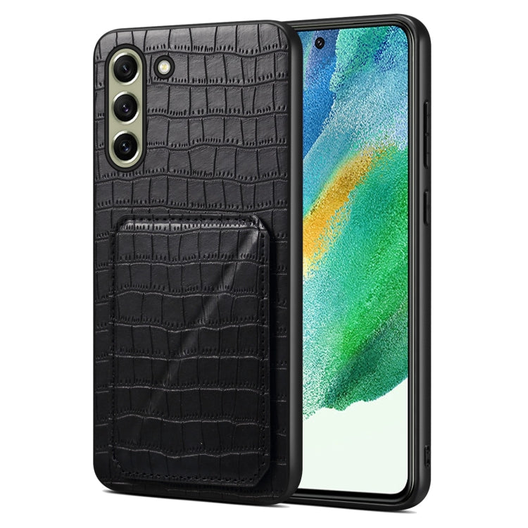 For Samsung Galaxy S21 FE 5G Denior Imitation Crocodile Leather Back Phone Case with Holder(Black) - Galaxy Phone Cases by Denior | Online Shopping UK | buy2fix