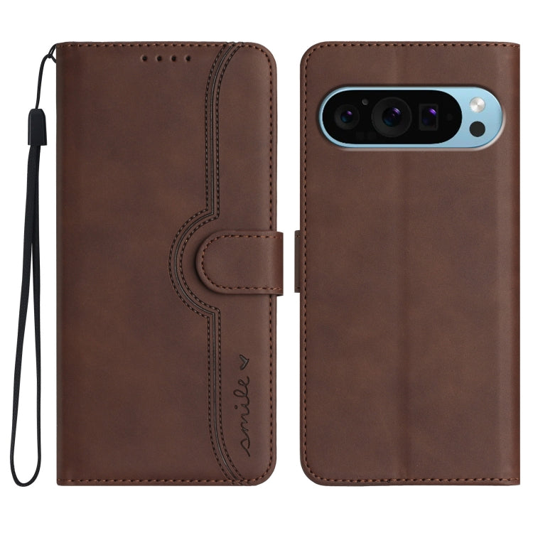 For Google Pixel 9 Pro Heart Pattern Skin Feel Leather Phone Case(Brown) - Google Cases by buy2fix | Online Shopping UK | buy2fix