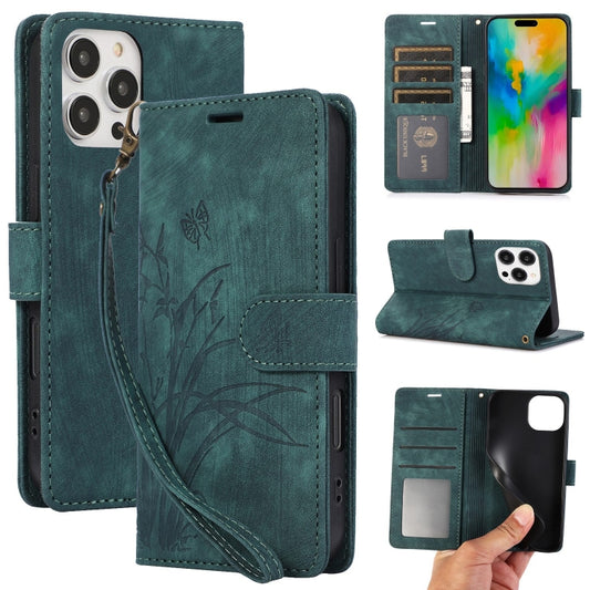 For iPhone 16 Pro Max Orchid Butterfly Embossed Leather Phone Case(Green) - iPhone 16 Pro Max Cases by buy2fix | Online Shopping UK | buy2fix