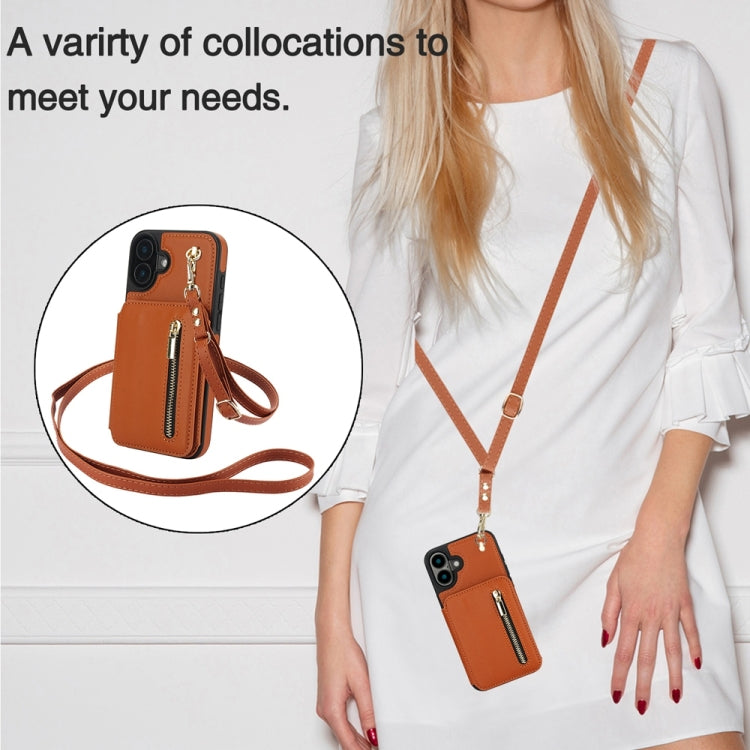 For iPhone 16 Plus YM006 Skin Feel Zipper Card Bag Phone Case with Dual Lanyard(Brown) - iPhone 16 Plus Cases by buy2fix | Online Shopping UK | buy2fix