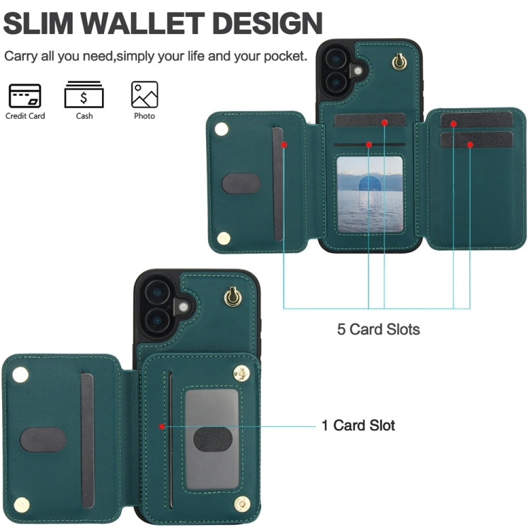 For iPhone 16 Plus YM006 Skin Feel Zipper Card Bag Phone Case with Dual Lanyard(Green) - iPhone 16 Plus Cases by buy2fix | Online Shopping UK | buy2fix