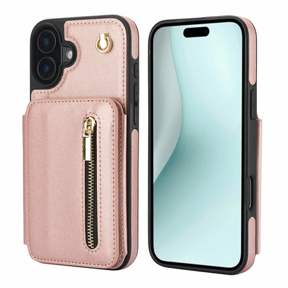 For iPhone 16 YM006 Skin Feel Zipper Card Bag Phone Case with Dual Lanyard(Rose Gold) - iPhone 16 Cases by buy2fix | Online Shopping UK | buy2fix