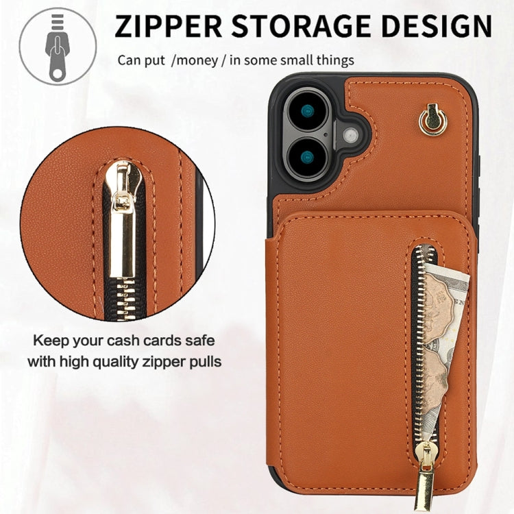 For iPhone 16 YM006 Skin Feel Zipper Card Bag Phone Case with Dual Lanyard(Brown) - iPhone 16 Cases by buy2fix | Online Shopping UK | buy2fix