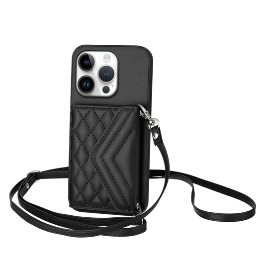 For iPhone 16 Pro Rhombic Texture Card Bag RFID Phone Case with Long Lanyard(Black) - iPhone 16 Pro Cases by buy2fix | Online Shopping UK | buy2fix