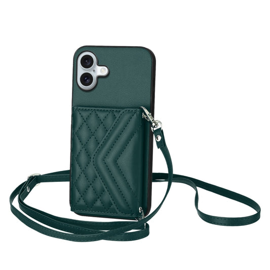 For iPhone 16 Plus Rhombic Texture Card Bag RFID Phone Case with Long Lanyard(Green) - iPhone 16 Plus Cases by buy2fix | Online Shopping UK | buy2fix