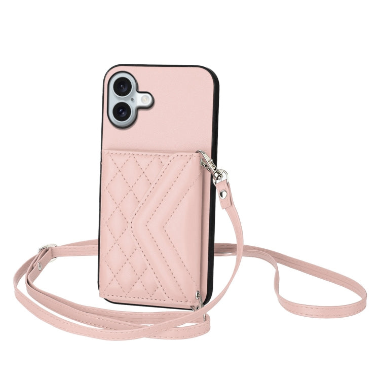 For iPhone 16 Plus Rhombic Texture Card Bag RFID Phone Case with Long Lanyard(Rose Gold) - iPhone 16 Plus Cases by buy2fix | Online Shopping UK | buy2fix