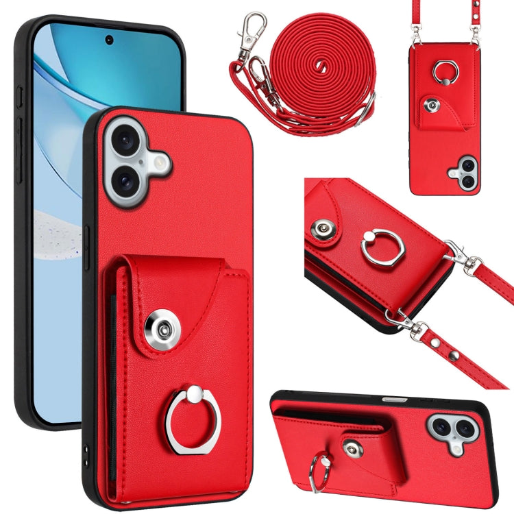 For iPhone 16 Plus Organ Card Bag Ring Holder Phone Case with Long Lanyard(Red) - iPhone 16 Plus Cases by buy2fix | Online Shopping UK | buy2fix