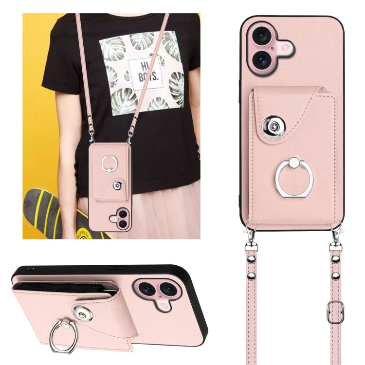 For iPhone 16 Organ Card Bag Ring Holder Phone Case with Long Lanyard(Pink) - iPhone 16 Cases by buy2fix | Online Shopping UK | buy2fix