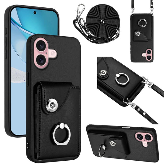 For iPhone 16 Organ Card Bag Ring Holder Phone Case with Long Lanyard(Black) - iPhone 16 Cases by buy2fix | Online Shopping UK | buy2fix