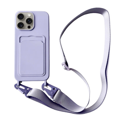 For iPhone 16 Pro Card Slot Liquid Silicone Phone Case with Lanyard(Light Purple) - iPhone 16 Pro Cases by buy2fix | Online Shopping UK | buy2fix