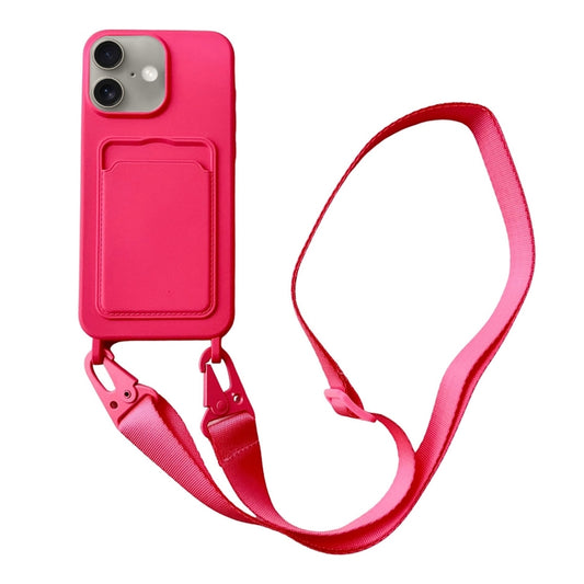 For iPhone 16 Plus Card Slot Liquid Silicone Phone Case with Lanyard(Rose Red) - iPhone 16 Plus Cases by buy2fix | Online Shopping UK | buy2fix