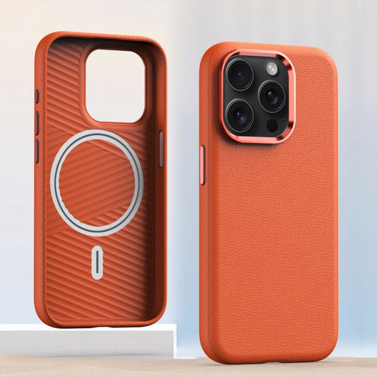 For iPhone 12 Pro Max Metal Lens Frame Leather Magsafe Full Coverage Shockproof Phone Case(Orange) - iPhone 12 Pro Max Cases by buy2fix | Online Shopping UK | buy2fix