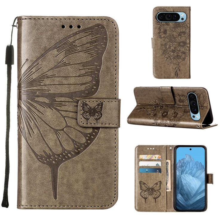 For Google Pixel 9 Embossed Butterfly Leather Phone Case(Grey) - Google Cases by buy2fix | Online Shopping UK | buy2fix