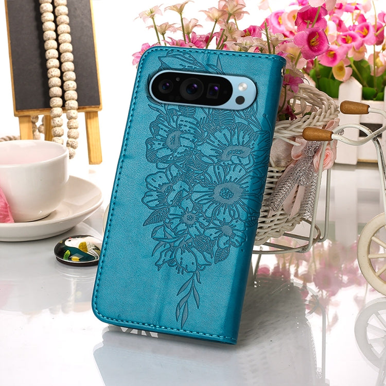 For Google Pixel 9 Embossed Butterfly Leather Phone Case(Blue) - Google Cases by buy2fix | Online Shopping UK | buy2fix