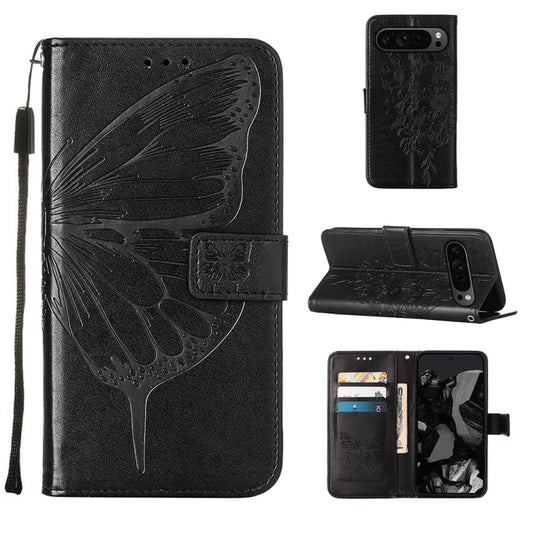 For Google Pixel 9 Pro Embossed Butterfly Leather Phone Case(Black) - Google Cases by buy2fix | Online Shopping UK | buy2fix