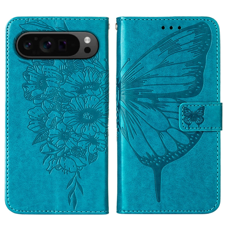 For Google Pixel 9 Pro Embossed Butterfly Leather Phone Case(Blue) - Google Cases by buy2fix | Online Shopping UK | buy2fix