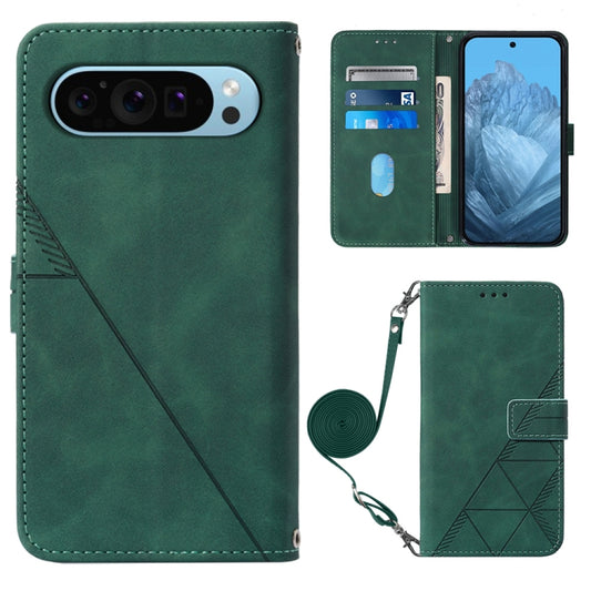 For Google Pixel 9 Crossbody 3D Embossed Flip Leather Phone Case(Dark Green) - Google Cases by buy2fix | Online Shopping UK | buy2fix