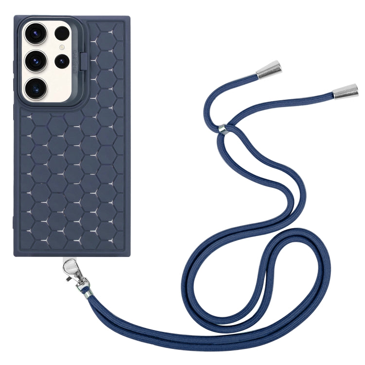For Samsung Galaxy S24 Ultra 5G Honeycomb Radiating Lens Holder Magsafe Phone Case with Lanyard(Blue) - Galaxy S24 Ultra 5G Cases by buy2fix | Online Shopping UK | buy2fix
