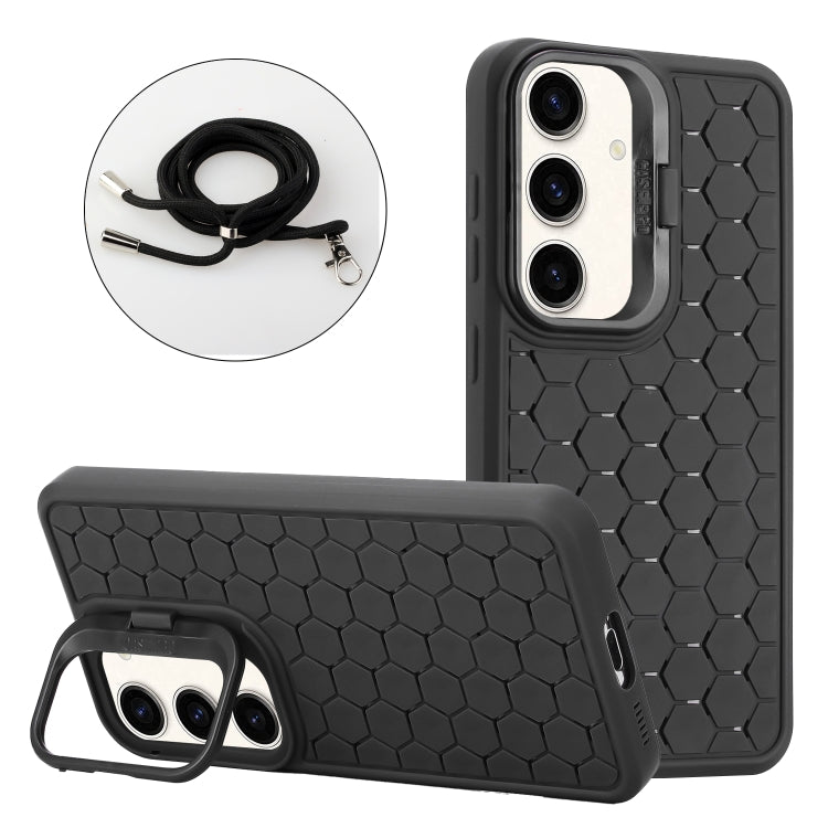 For Samsung Galaxy S24 5G Honeycomb Radiating Lens Holder Magsafe Phone Case with Lanyard(Black) - Galaxy S24 5G Cases by buy2fix | Online Shopping UK | buy2fix