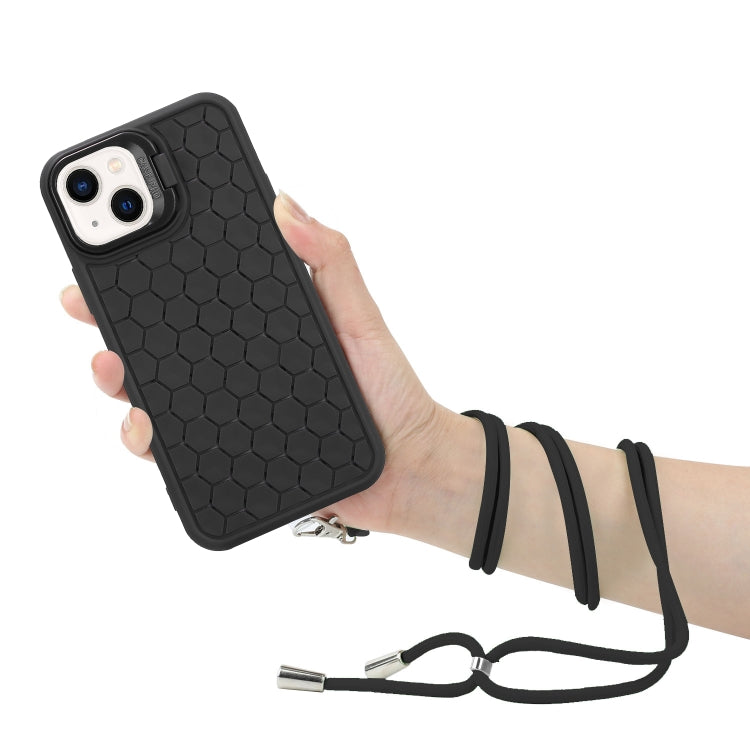 For iPhone 15 Honeycomb Radiating Lens Holder Magsafe Phone Case with Lanyard(Black) - iPhone 15 Cases by buy2fix | Online Shopping UK | buy2fix