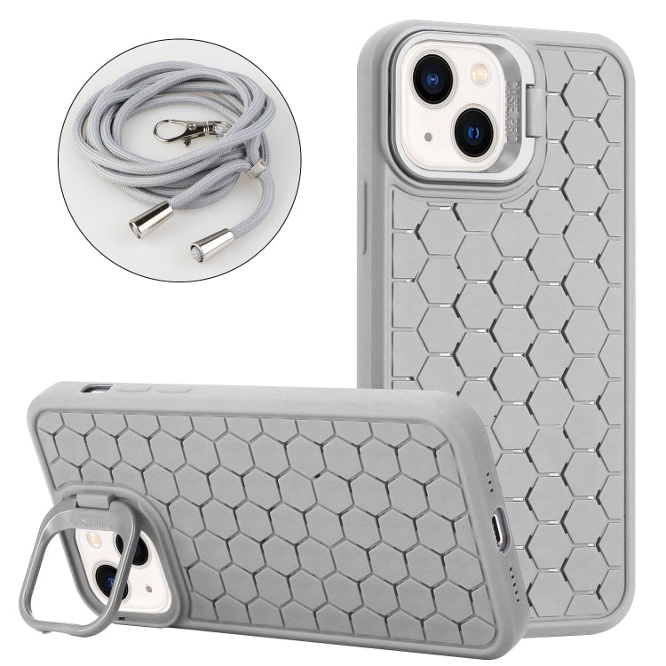 For iPhone 13 Honeycomb Radiating Lens Holder Magsafe Phone Case with Lanyard(Grey) - iPhone 13 Cases by buy2fix | Online Shopping UK | buy2fix