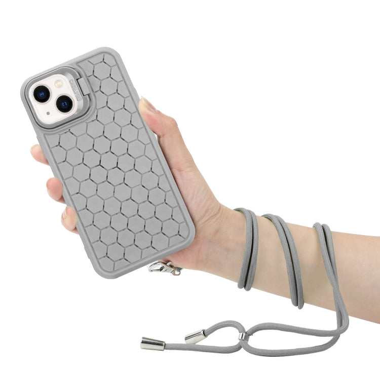 For iPhone 13 Honeycomb Radiating Lens Holder Magsafe Phone Case with Lanyard(Grey) - iPhone 13 Cases by buy2fix | Online Shopping UK | buy2fix