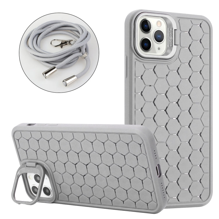 For iPhone 11 Pro Max Honeycomb Radiating Lens Holder Magsafe Phone Case with Lanyard(Grey) - iPhone 11 Pro Max Cases by buy2fix | Online Shopping UK | buy2fix