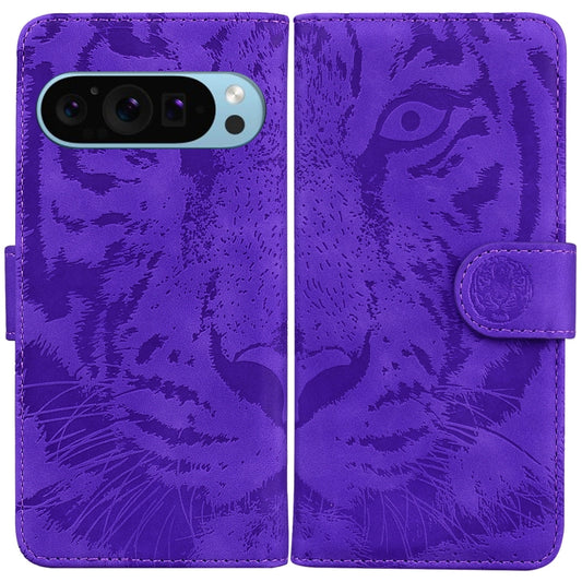 For Google Pixel 9 Tiger Embossing Pattern Flip Leather Phone Case(Purple) - Google Cases by buy2fix | Online Shopping UK | buy2fix