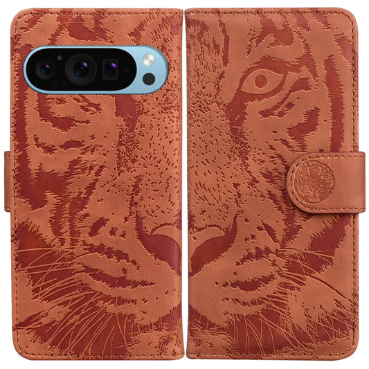 For Google Pixel 9 Pro 5G Tiger Embossing Pattern Flip Leather Phone Case(Brown) - Google Cases by buy2fix | Online Shopping UK | buy2fix