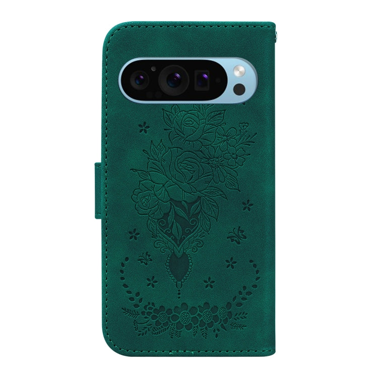 For Google Pixel 9 Pro Butterfly Rose Embossed Leather Phone Case(Green) - Google Cases by buy2fix | Online Shopping UK | buy2fix