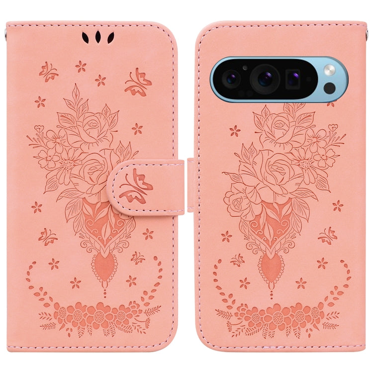 For Google Pixel 9 Pro Butterfly Rose Embossed Leather Phone Case(Pink) - Google Cases by buy2fix | Online Shopping UK | buy2fix