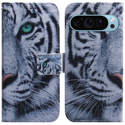 For Google Pixel 9 Coloured Drawing Flip Leather Phone Case(Tiger) - Google Cases by buy2fix | Online Shopping UK | buy2fix