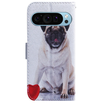 For Google Pixel 9 Coloured Drawing Flip Leather Phone Case(Pug) - Google Cases by buy2fix | Online Shopping UK | buy2fix